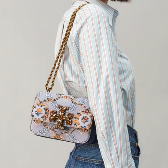 NEW TORY BURCH ELEANOR SHOULDER CROSSBODY BAG SEA FROST FLORAL JEWELED PURSE - Picture 5 of 16